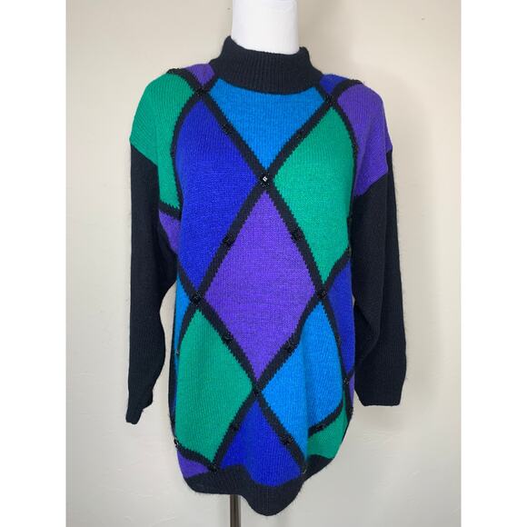 Vintage Silk Angora Blend Black Blue Diamond Beaded Sweater Sz Large - Picture 1 of 9